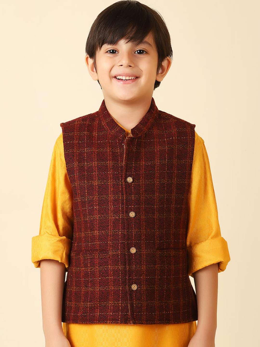 

Fabindia Boys Maroon Checked Woven Nehru Jackets