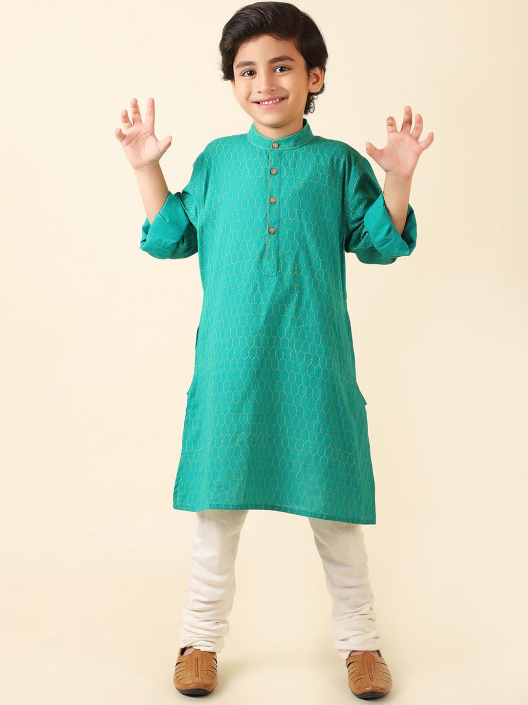 

Fabindia Boys Geometric Printed Mandarin Collar Cotton Kurta, Teal