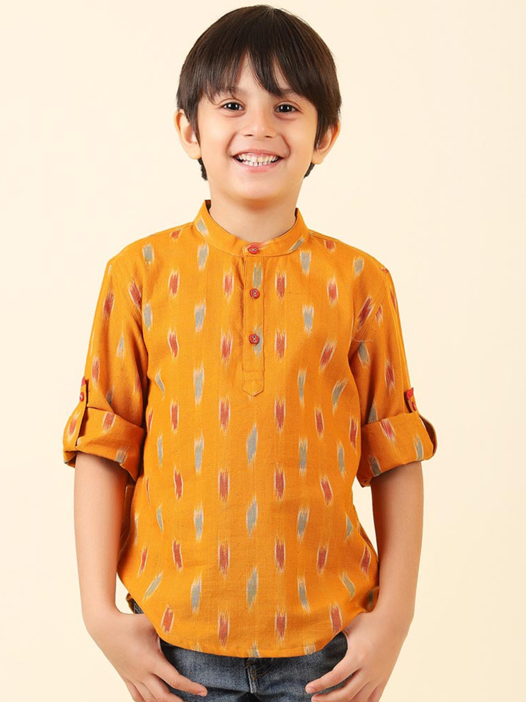 

Fabindia Boys Mustard Yellow Printed Cotton Short Kurta