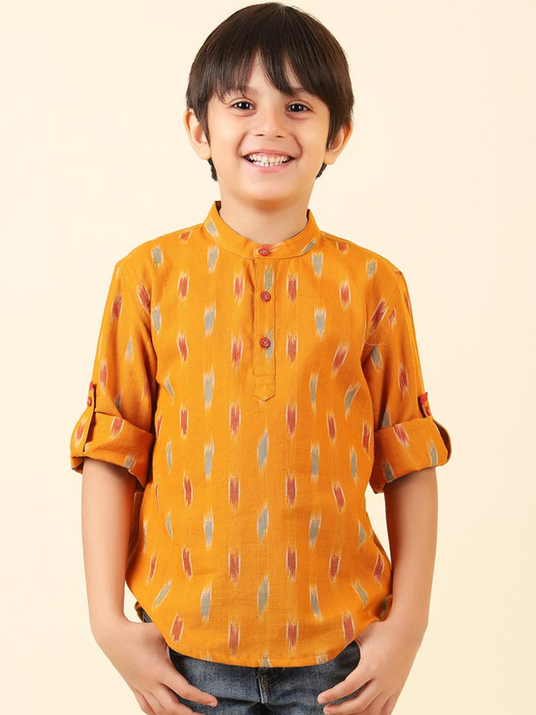 

Fabindia Boys Mustard Yellow Printed Cotton Short Kurta