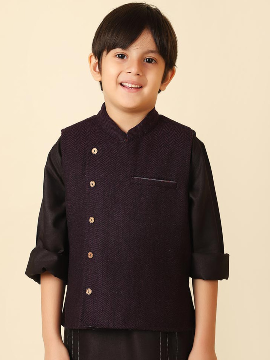 

Fabindia Boys Purple Woven Design Nehru Jacket