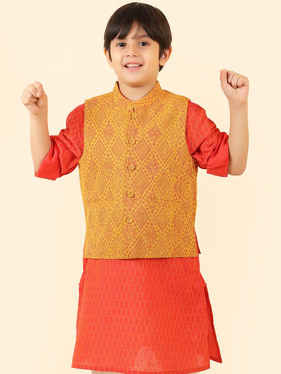 

Fabindia Boys Yellow Printed Cotton Nehru Jackets