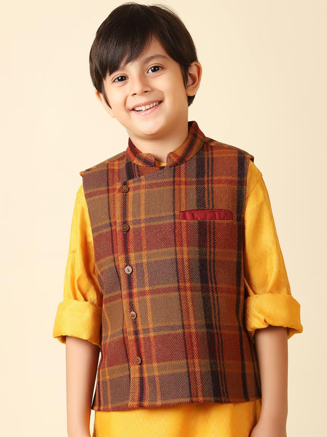 

Fabindia Boys Brown & Red Checked Woven Nehru Jacket