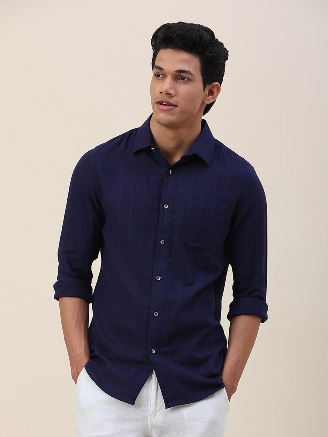 

Fabindia Men Slim Fit Striped Cotton Casual Shirt, Navy blue