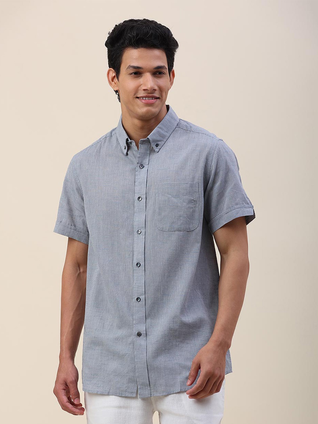 

Fabindia Men Comfort Checked Cotton Casual Shirt, Grey