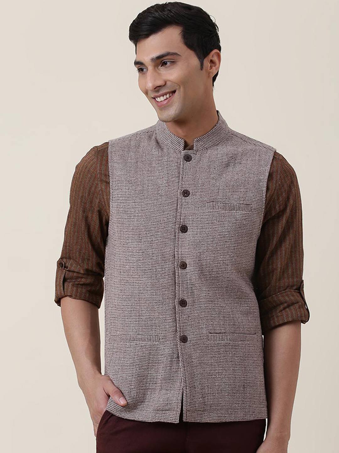 

Fabindia Men Grey Woven-Design Nehru Jackets