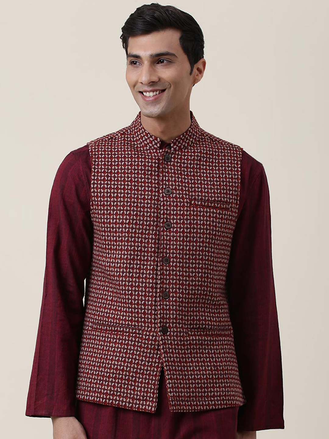 

Fabindia Men Maroon Woven Design Woollen Nehru Jacket