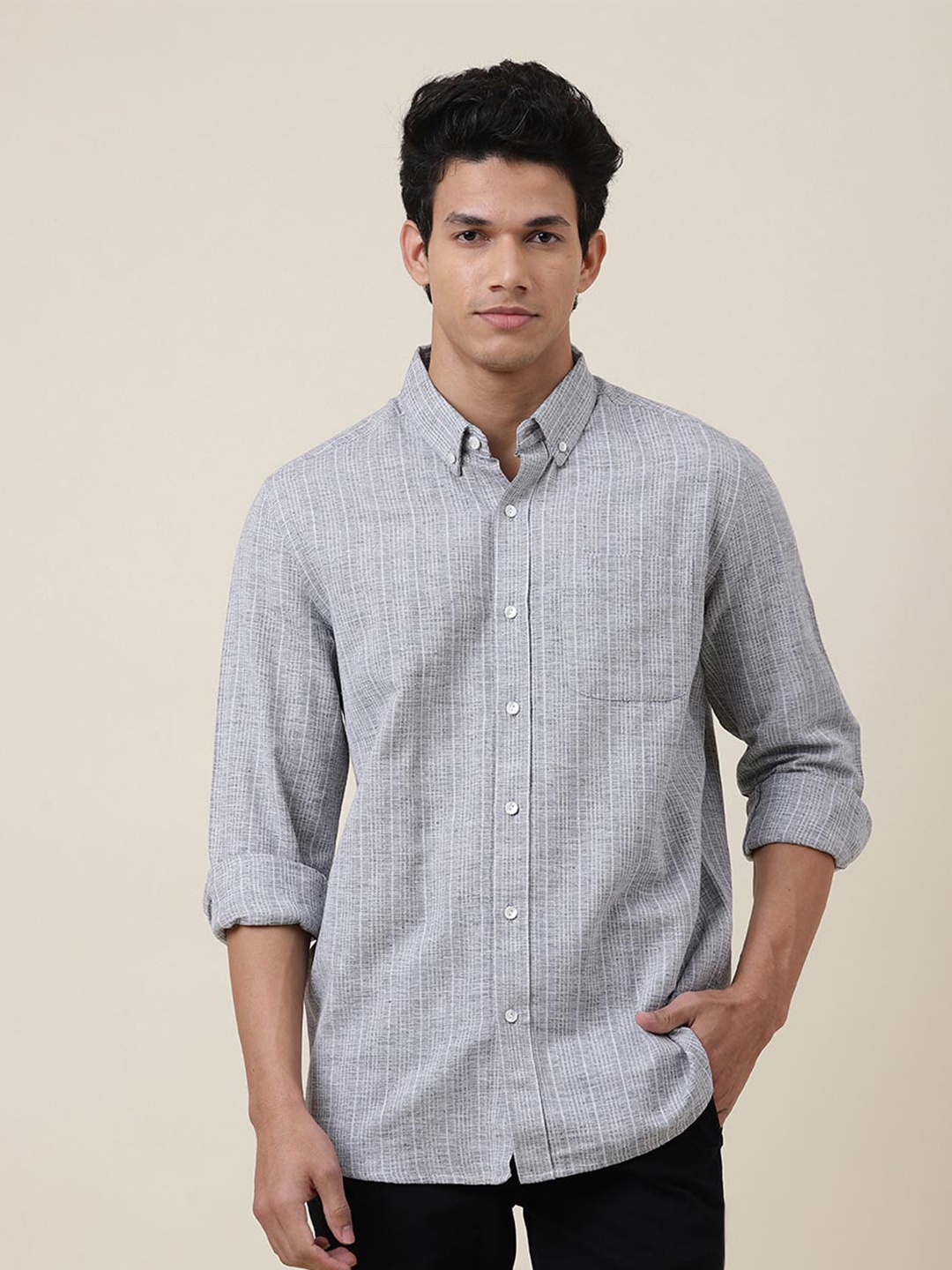 

Fabindia Men Striped Cotton Dobby Casual Shirt, Grey