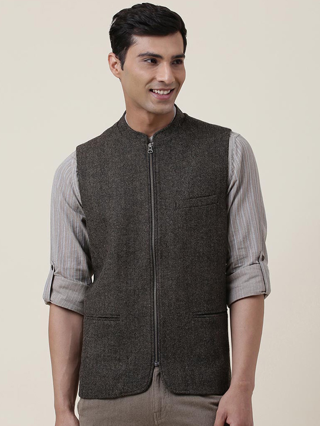 

Fabindia Men Grey Woven Design Wool Nehru Jacket