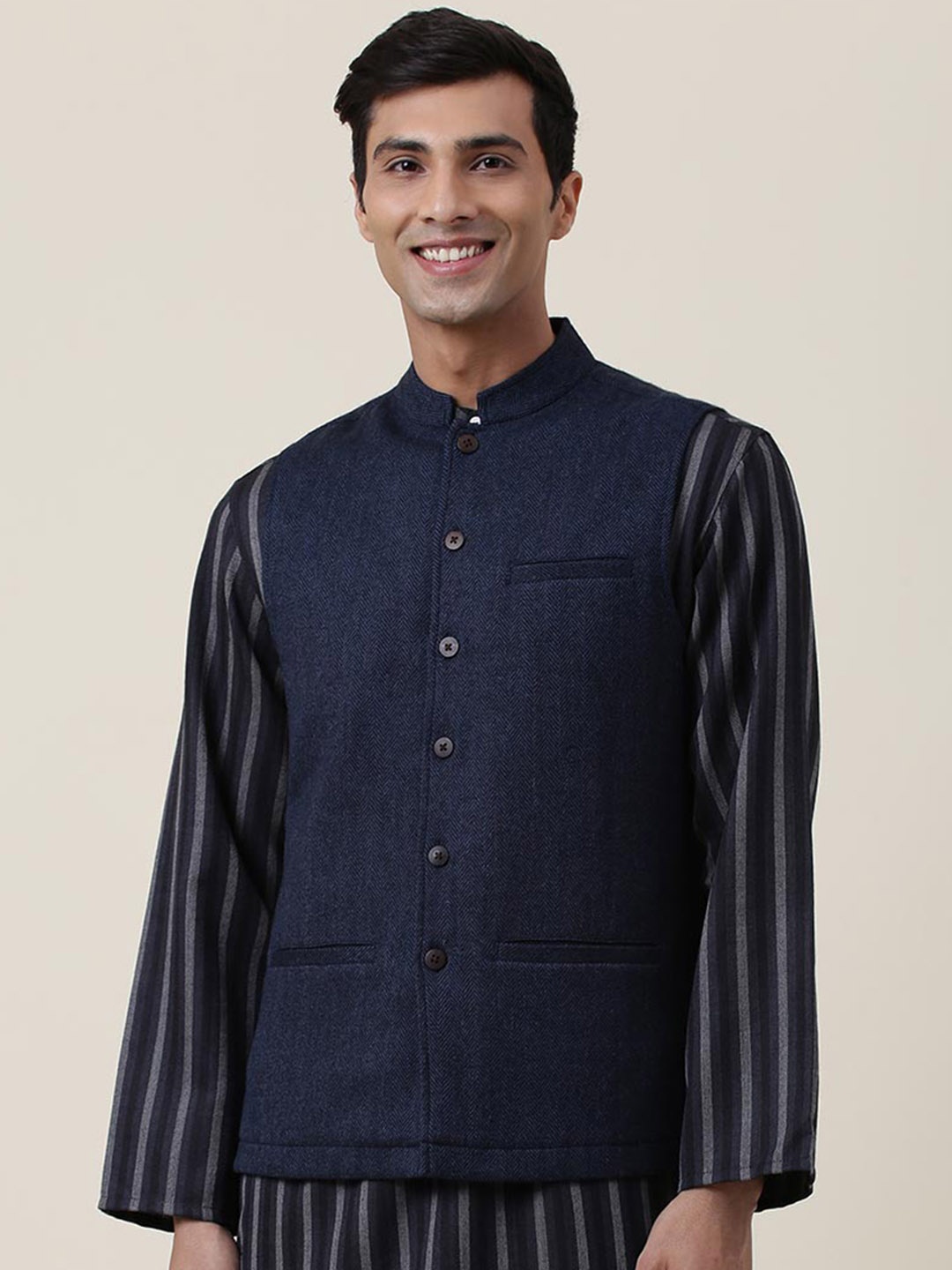 

Fabindia Men Navy Blue Woolen Nehru Jacket