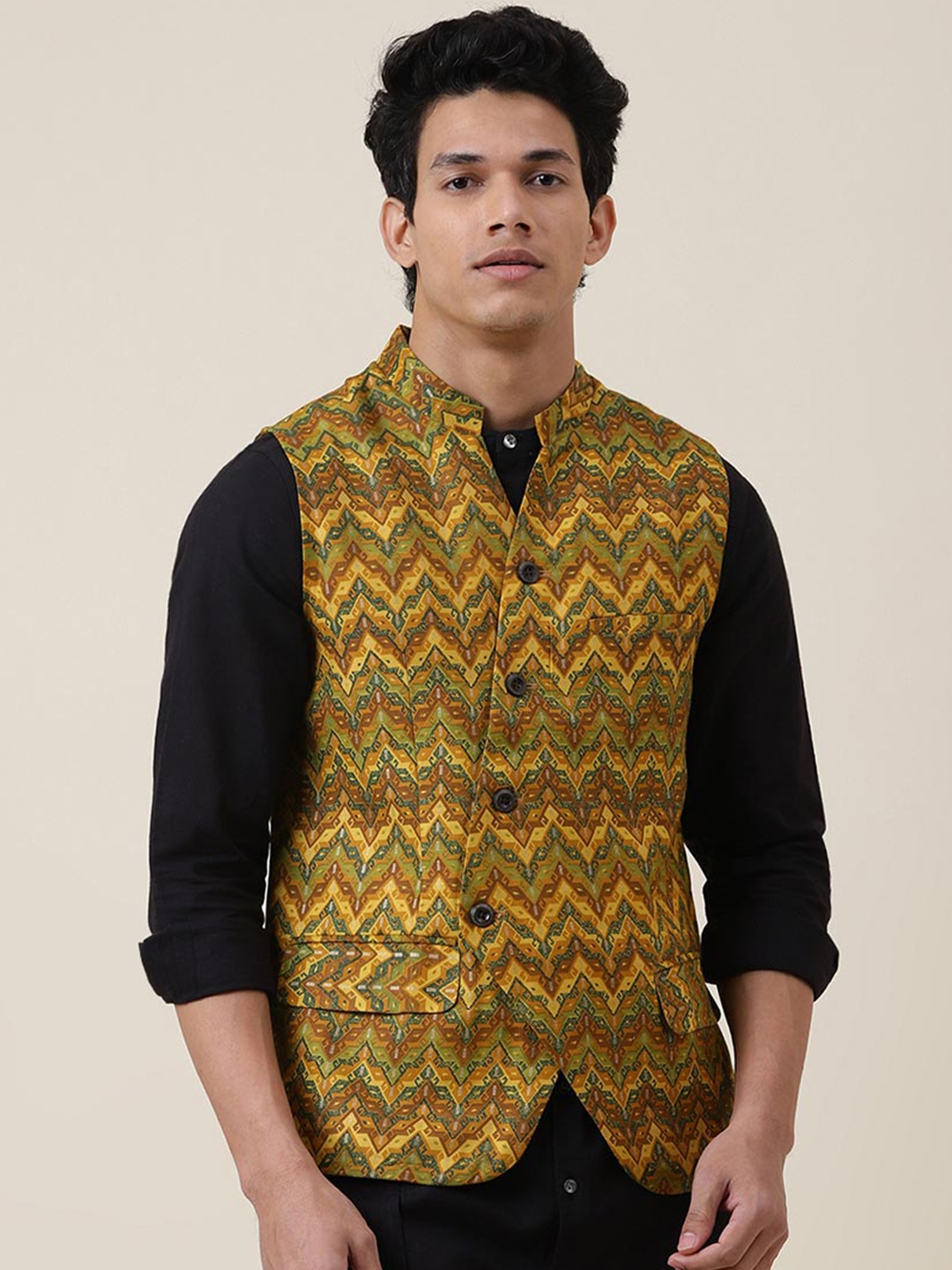 

Fabindia Yellow Silk Blend Nehru Jackets