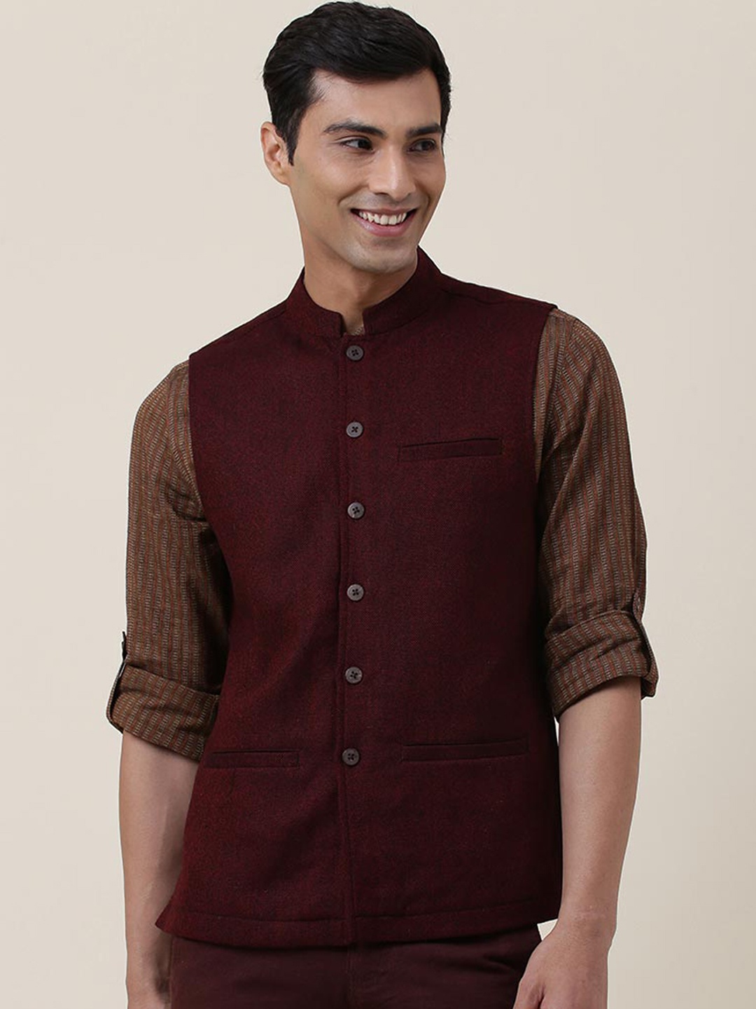 

Fabindia Men Maroon Self-Design Woven Nehru Jackets