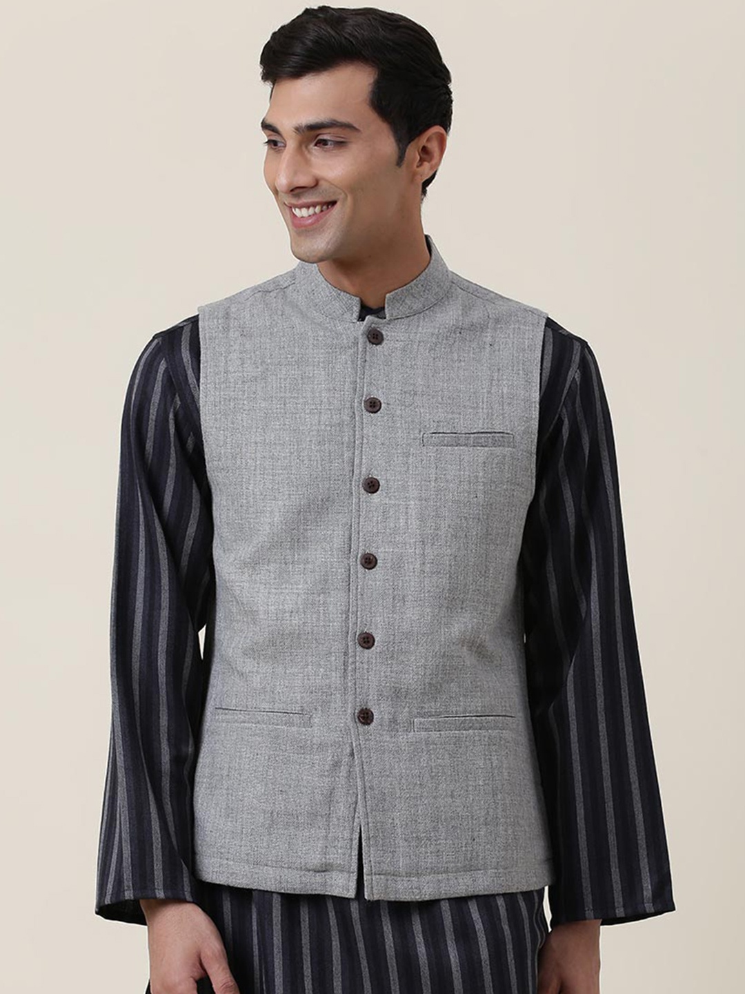 

Fabindia Men Grey Woven-Design Nehru Jackets