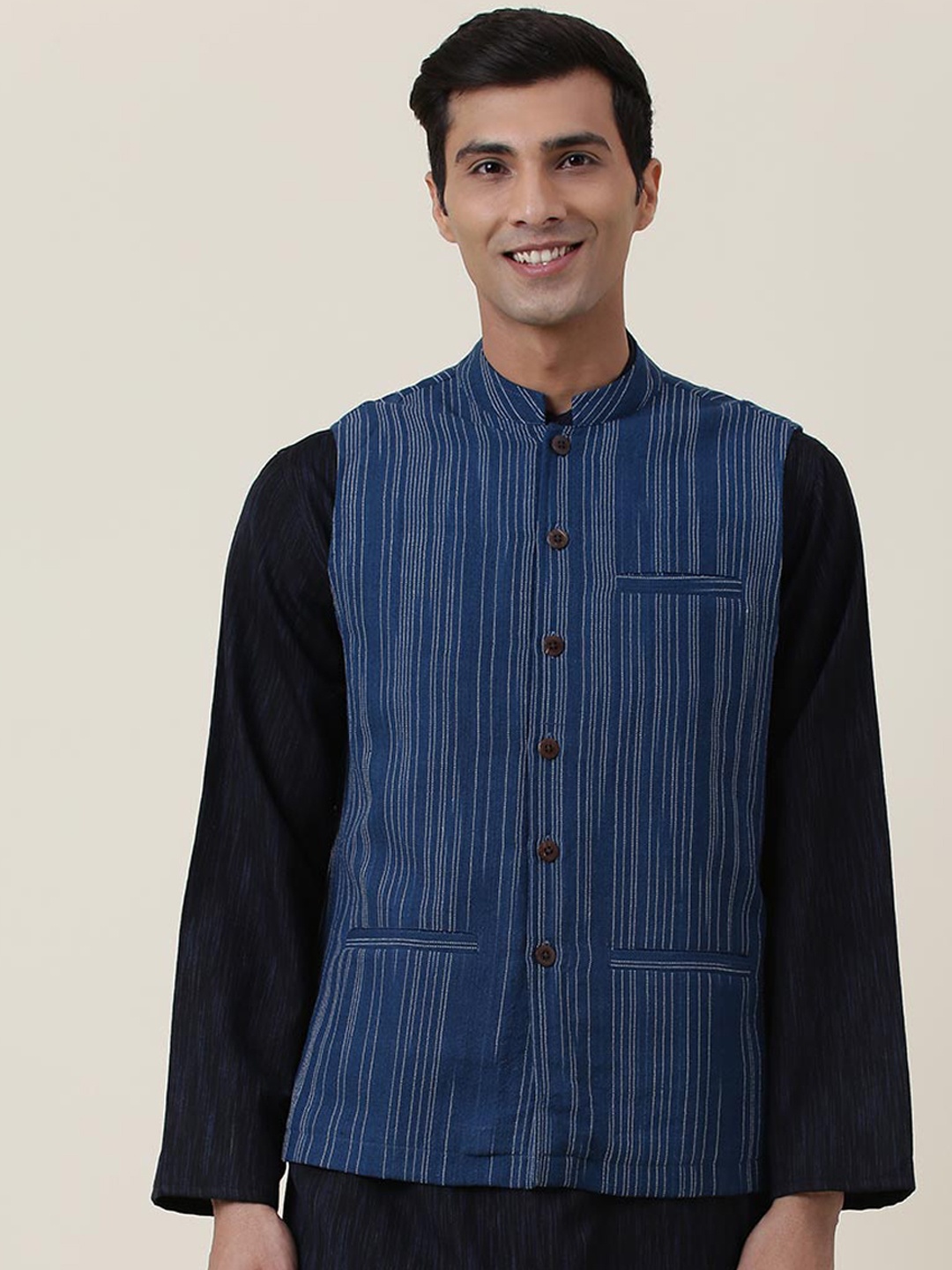 

Fabindia Men Blue Woven Design Nehru Jackets