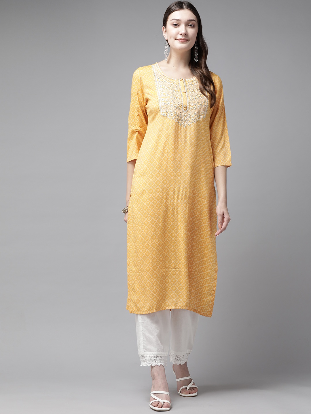 

Prakrti Women Bandhani Printed Embroidered Yoke Design Kurta, Yellow
