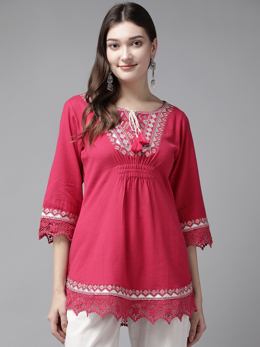 

Prakrti Ethnic Motifs Embroidered Pure Cotton Kurti, Pink