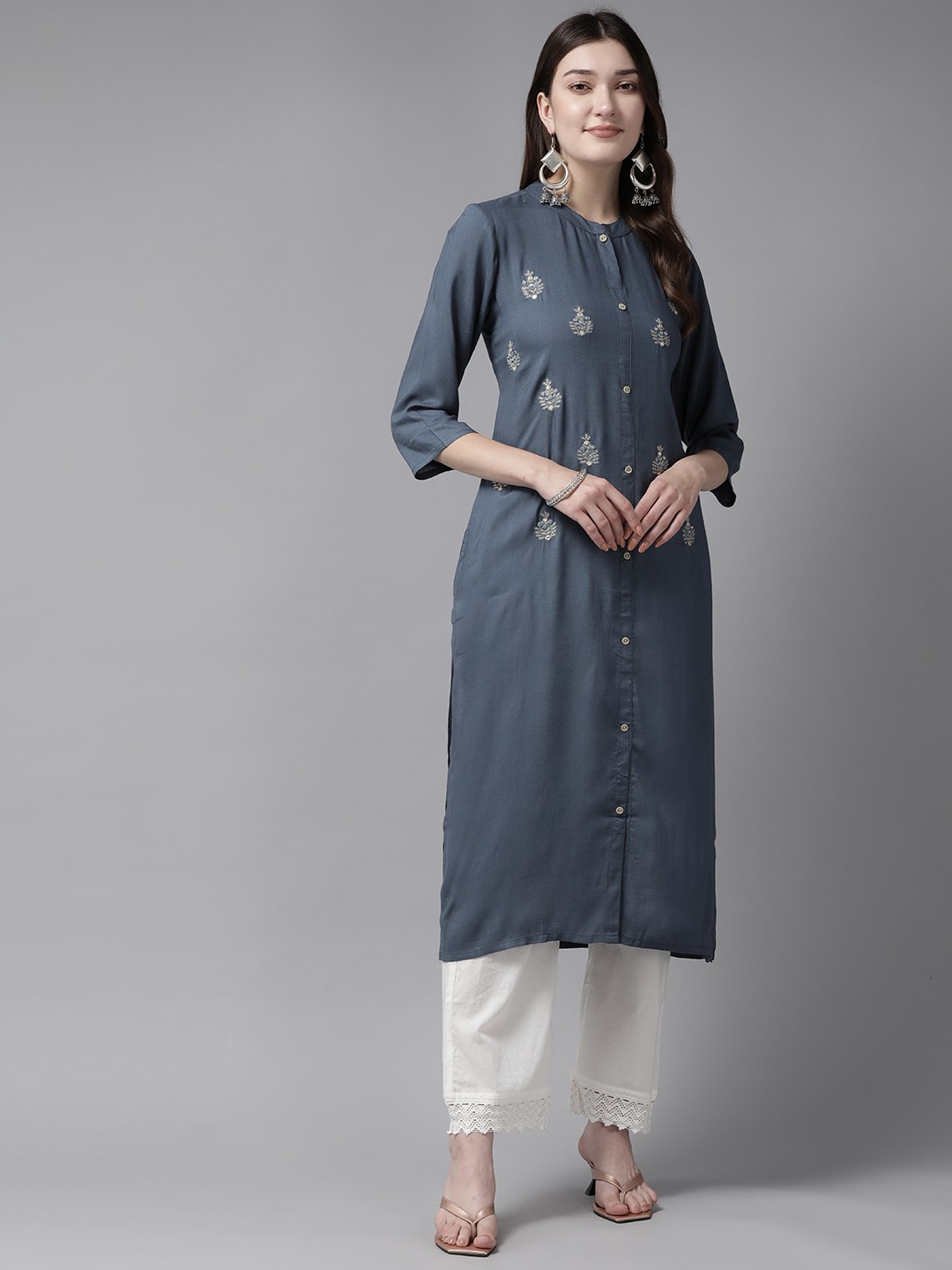 

Prakrti Women Ethnic Motifs Embroidered Mirror Work Kurta, Grey
