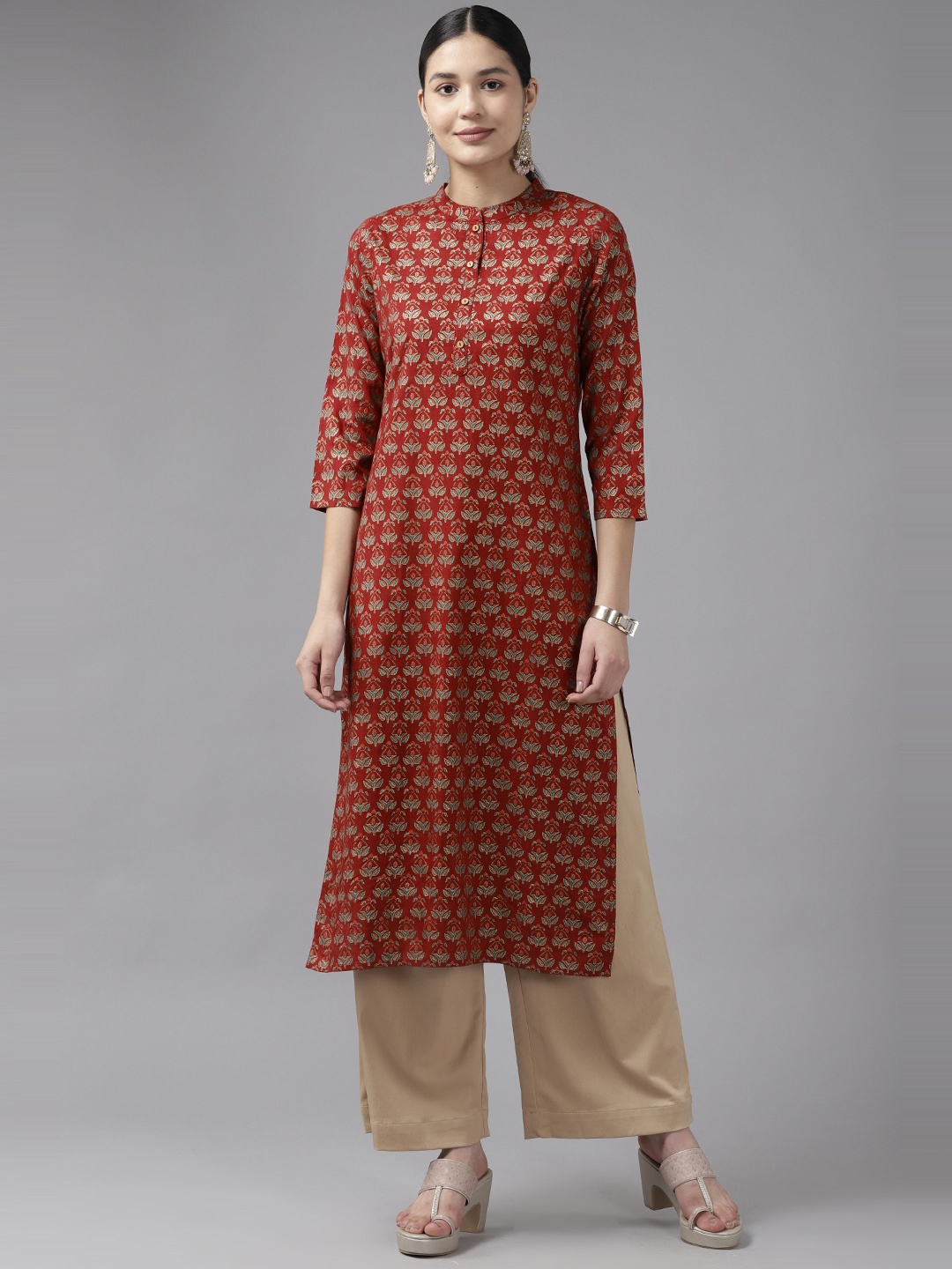 

Prakrti Women Floral Printed Mandarin Collar Kurta, Red
