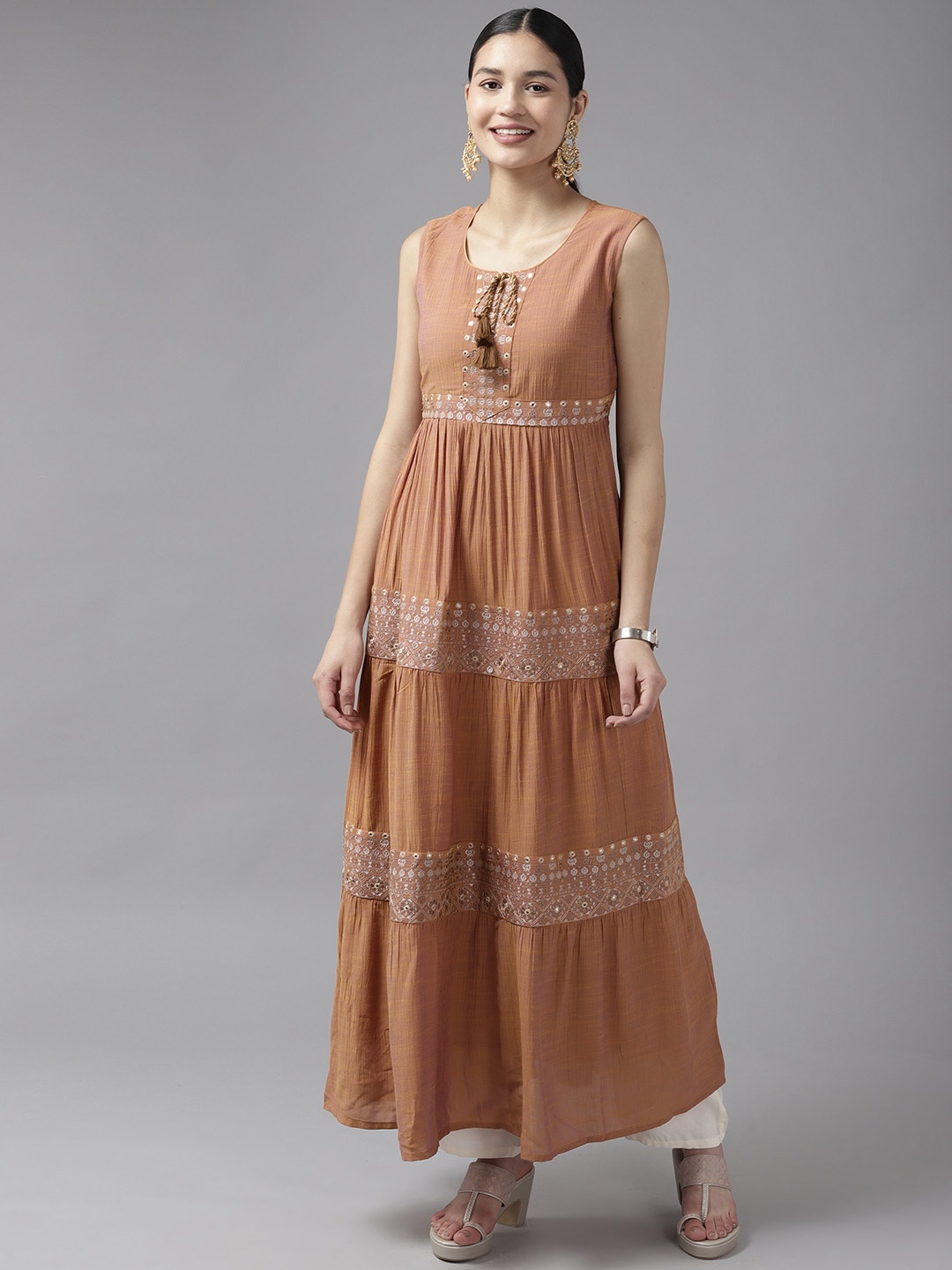 

Prakrti Women Embroidered Tie-Up Neck Mirror Work Tiered Kurta, Brown