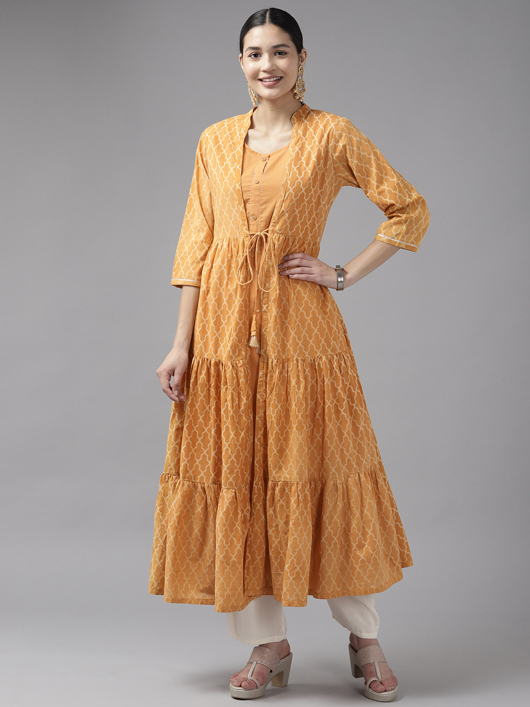 

Prakrti Women Geometric Printed Tiered Kurta With Jacket, Mustard