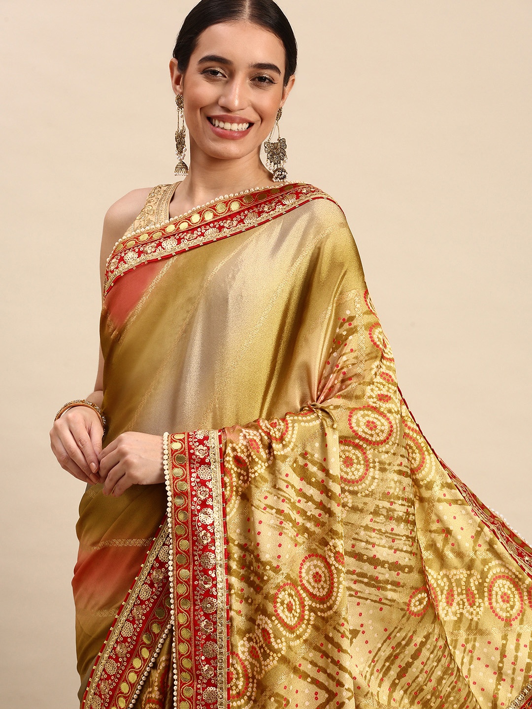 

VASTRANAND Satin Bandhani Print Saree, Beige