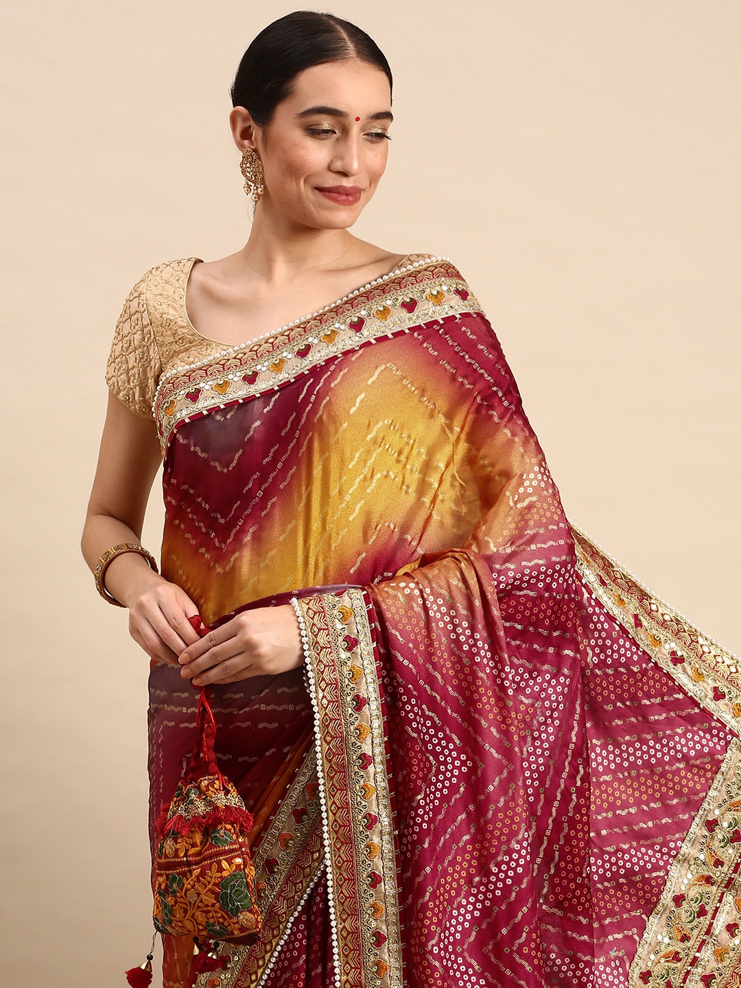 

VASTRANAND Satin Bandhani Print Saree, Magenta