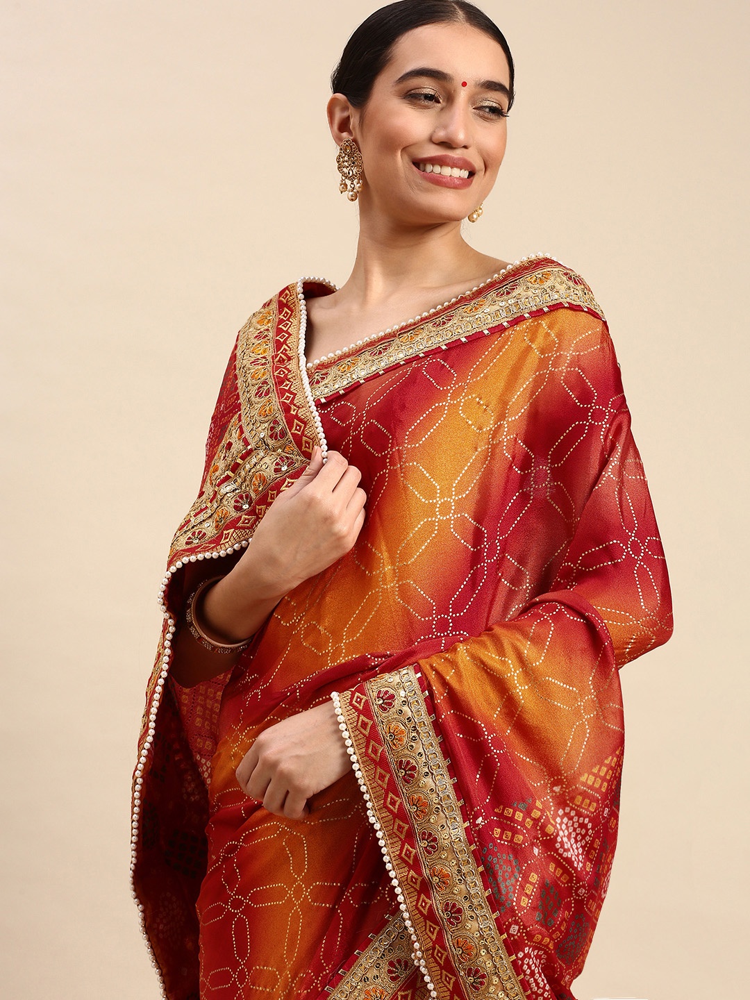 

VASTRANAND Satin Bandhani Print Saree, Maroon