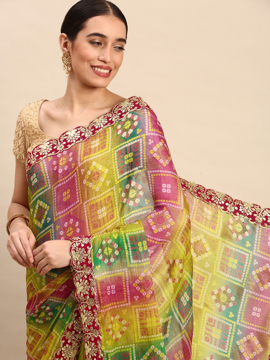 

VASTRANAND Satin Bandhani Print Saree, Pink