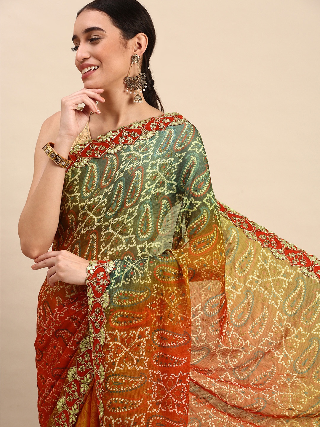 

VASTRANAND Satin Bandhani Print Saree, Green