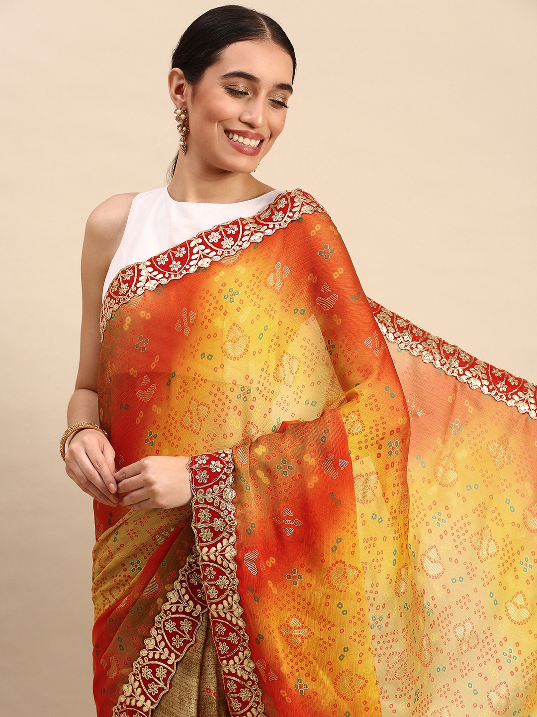 

VASTRANAND Satin Bandhani Print Saree, Yellow