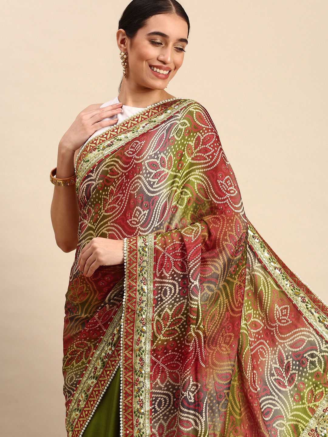 

VASTRANAND Satin Bandhani Print Saree, Green