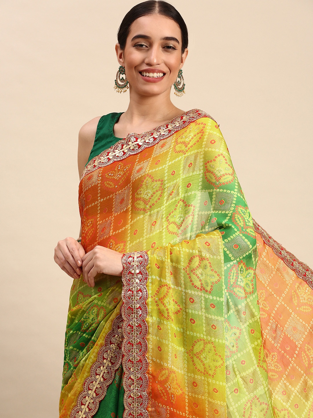 

VASTRANAND Satin Bandhani Print Saree, Yellow