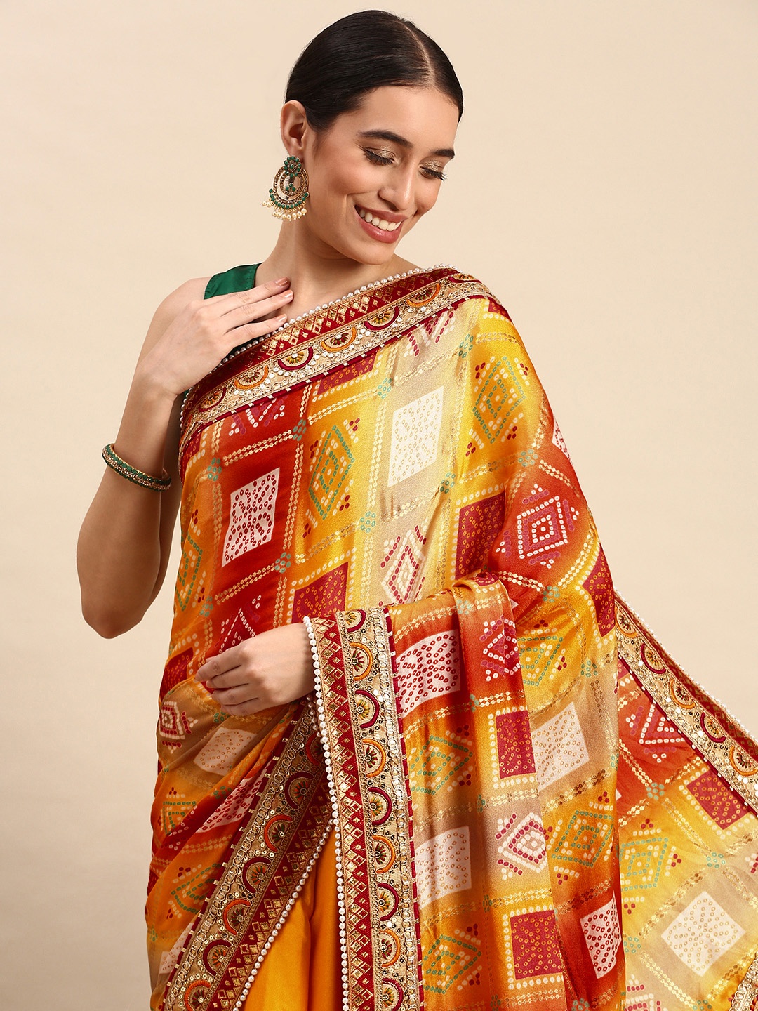 

VASTRANAND Satin Bandhani Print Saree, Mustard