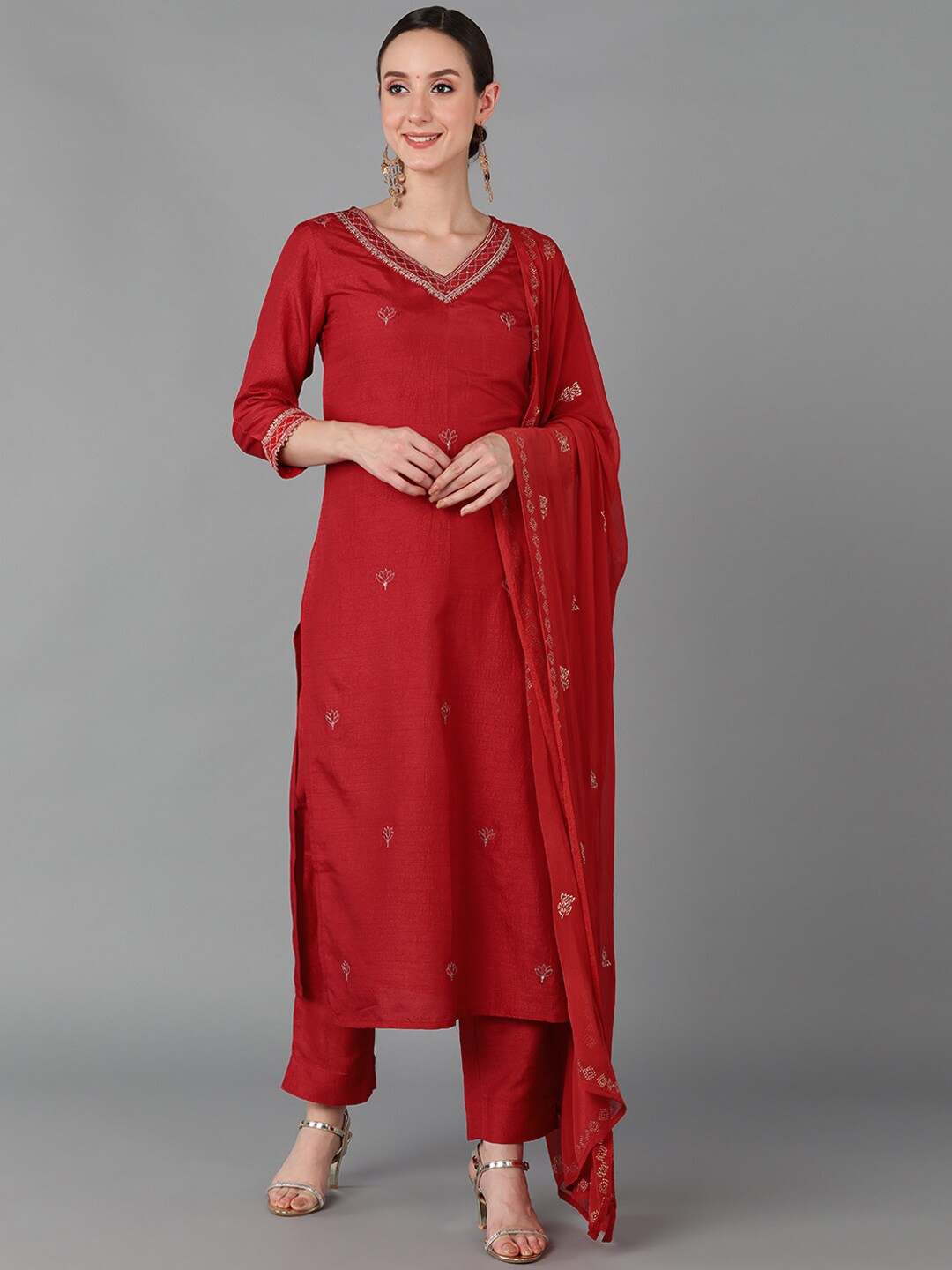 

AHIKA Women Red Embroidered Thread Work Kurta with Trousers & Dupatta