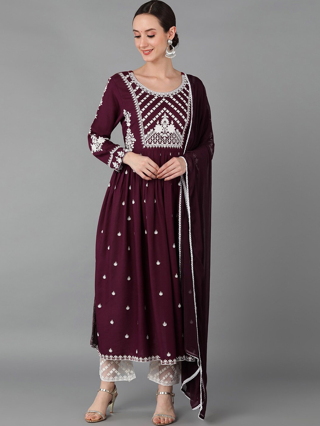 

AHIKA Women Burgundy Ethnic Embroidered Kurta with Trousers & Dupatta