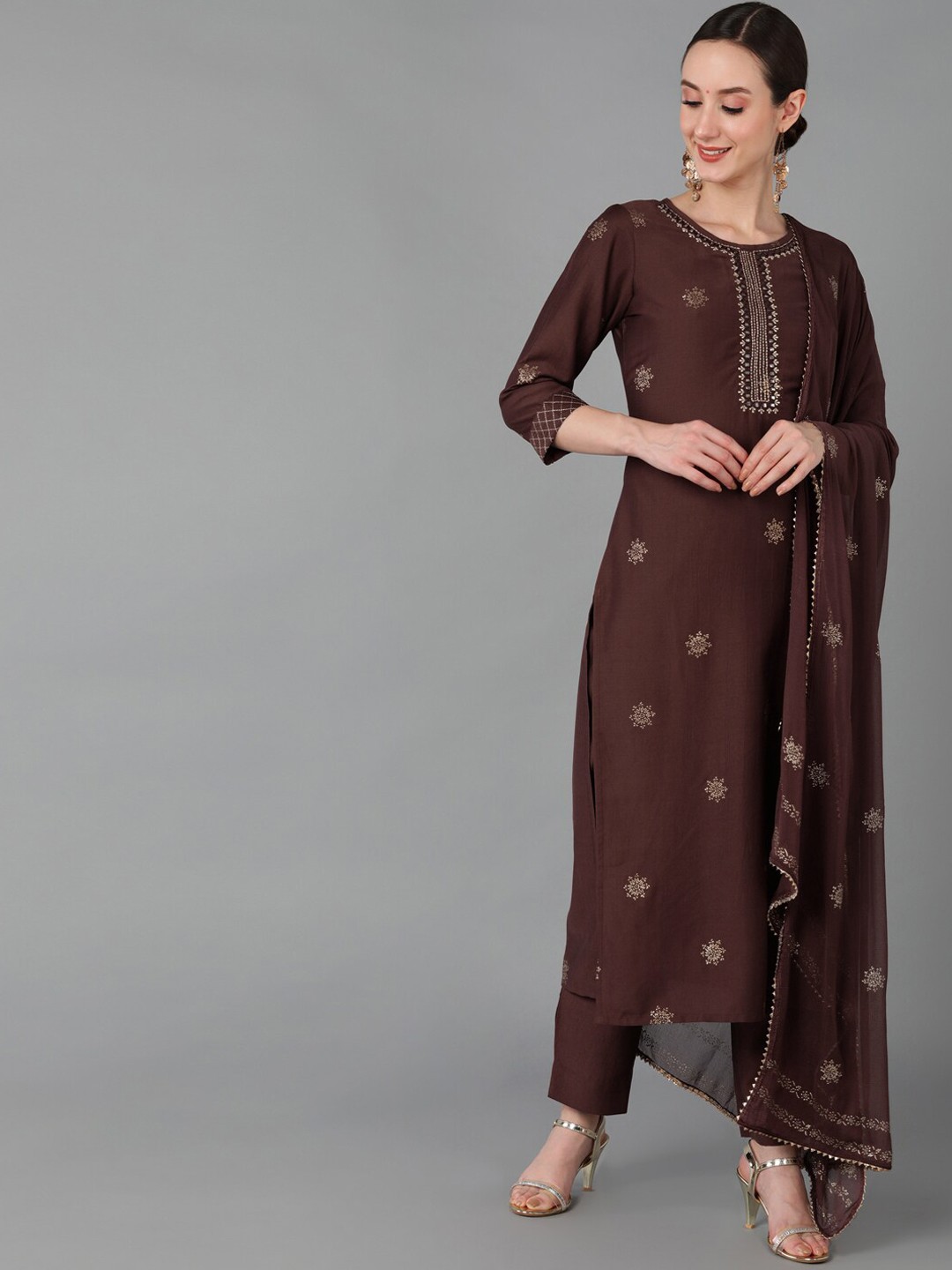 

AHIKA Women Brown Ethnic Motifs Self Design Kurta with Trousers & Dupatta