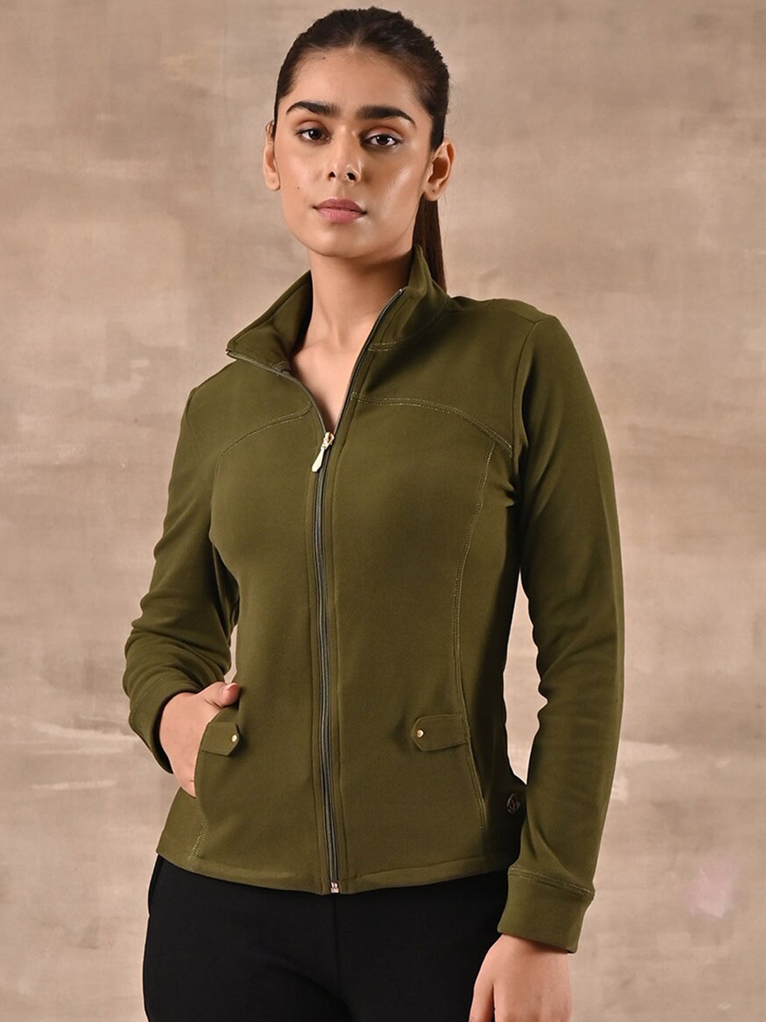 

Lakshita Women Olive Green Solid Outdoor Wool Sporty Jacket