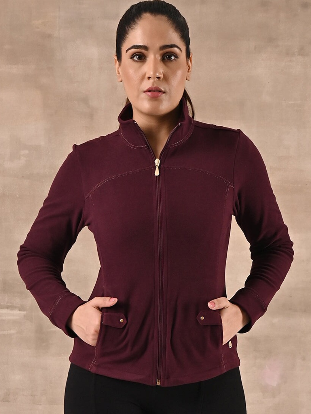 

Lakshita Women Maroon Solid Outdoor Wool Sporty Jacket