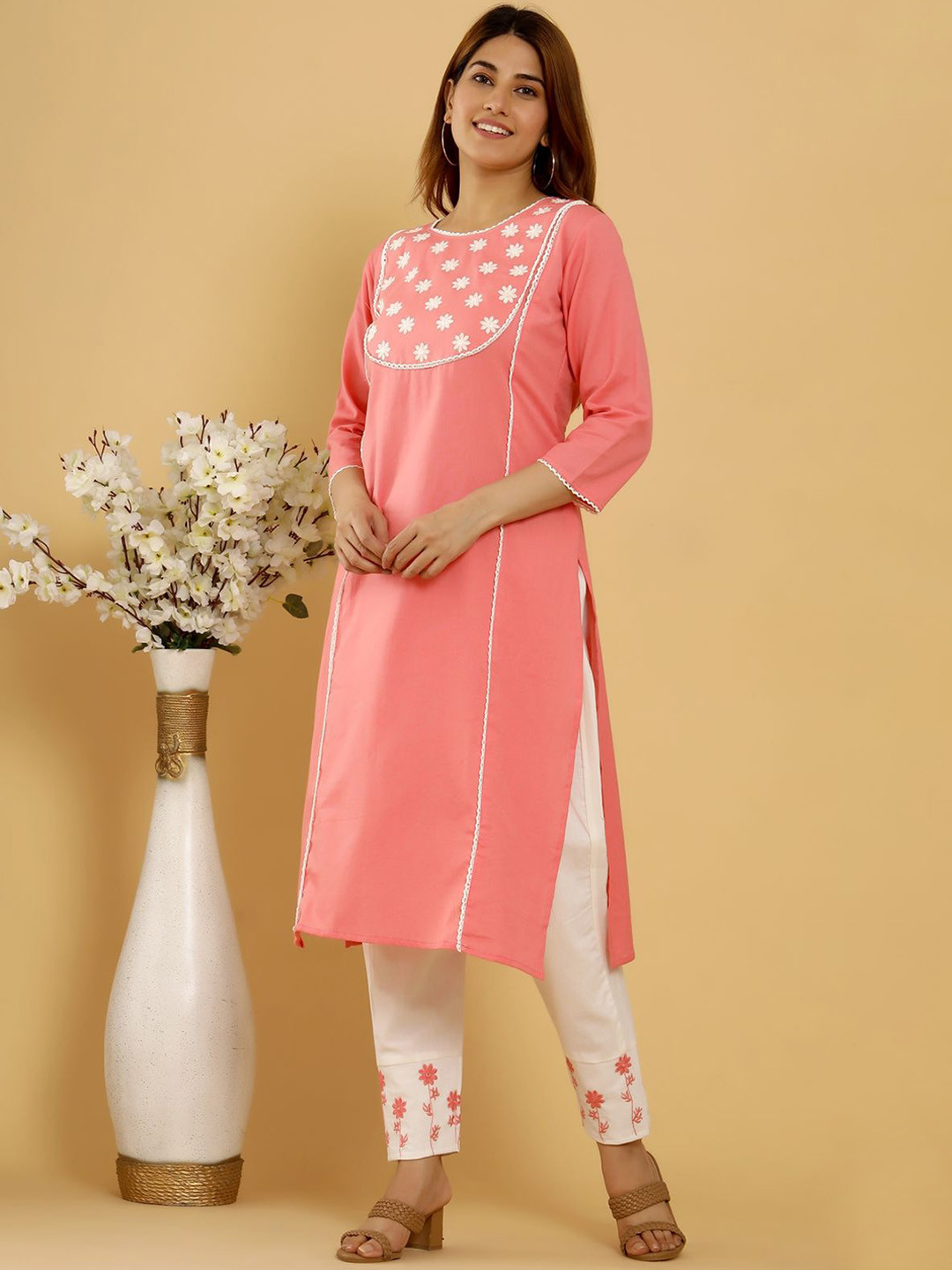 

AUTUMN LANE Women Peach-Coloured Floral Embroidered Kurta with Trousers