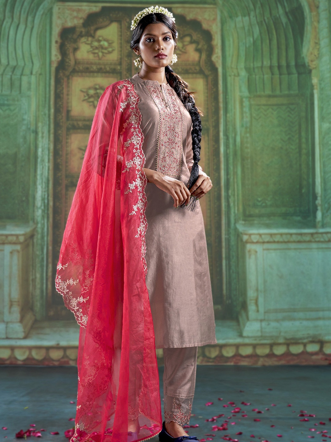 

AUTUMN LANE Beige Floral Embroidered Liva Kurta with Trousers & With Dupatta