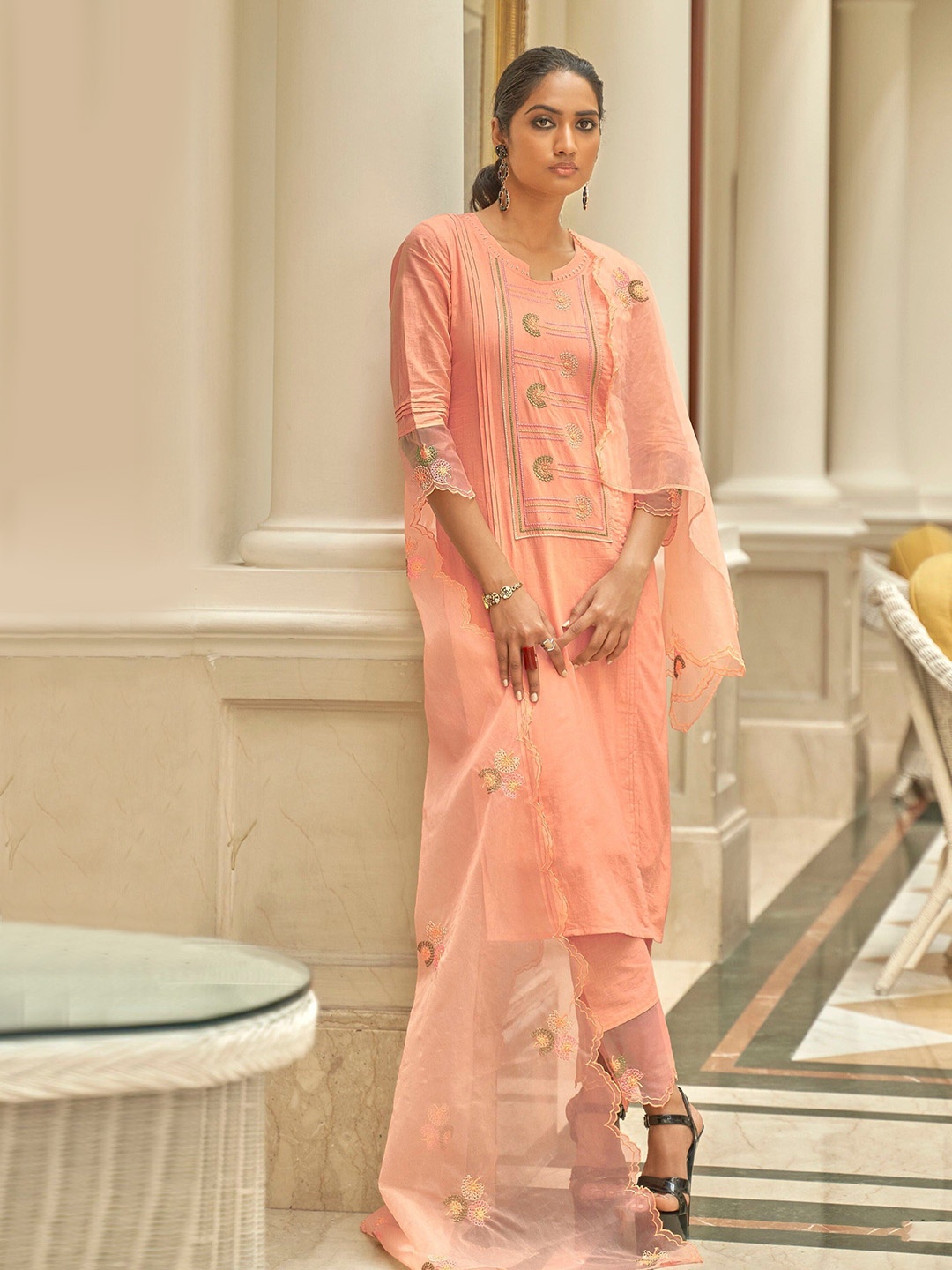 

AUTUMN LANE Peach-Coloured Floral Embroidered Kurta with Trousers & With Dupatta