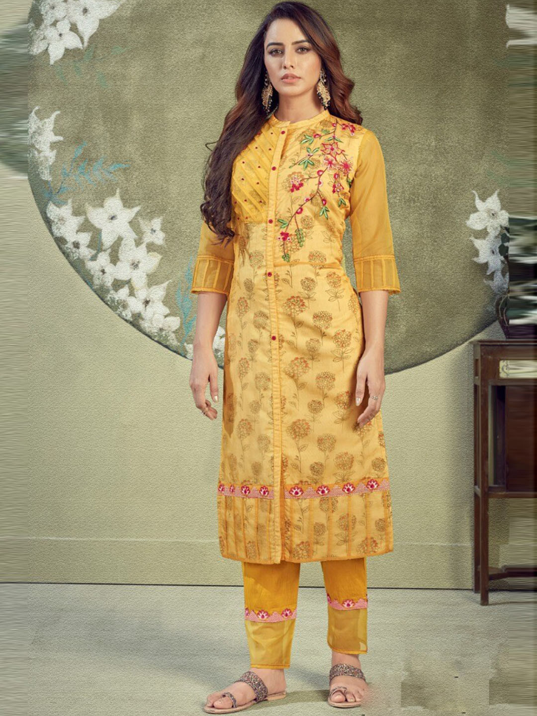 

AUTUMN LANE Women Yellow Paisley Embroidered Thread Work Kurta with Trousers
