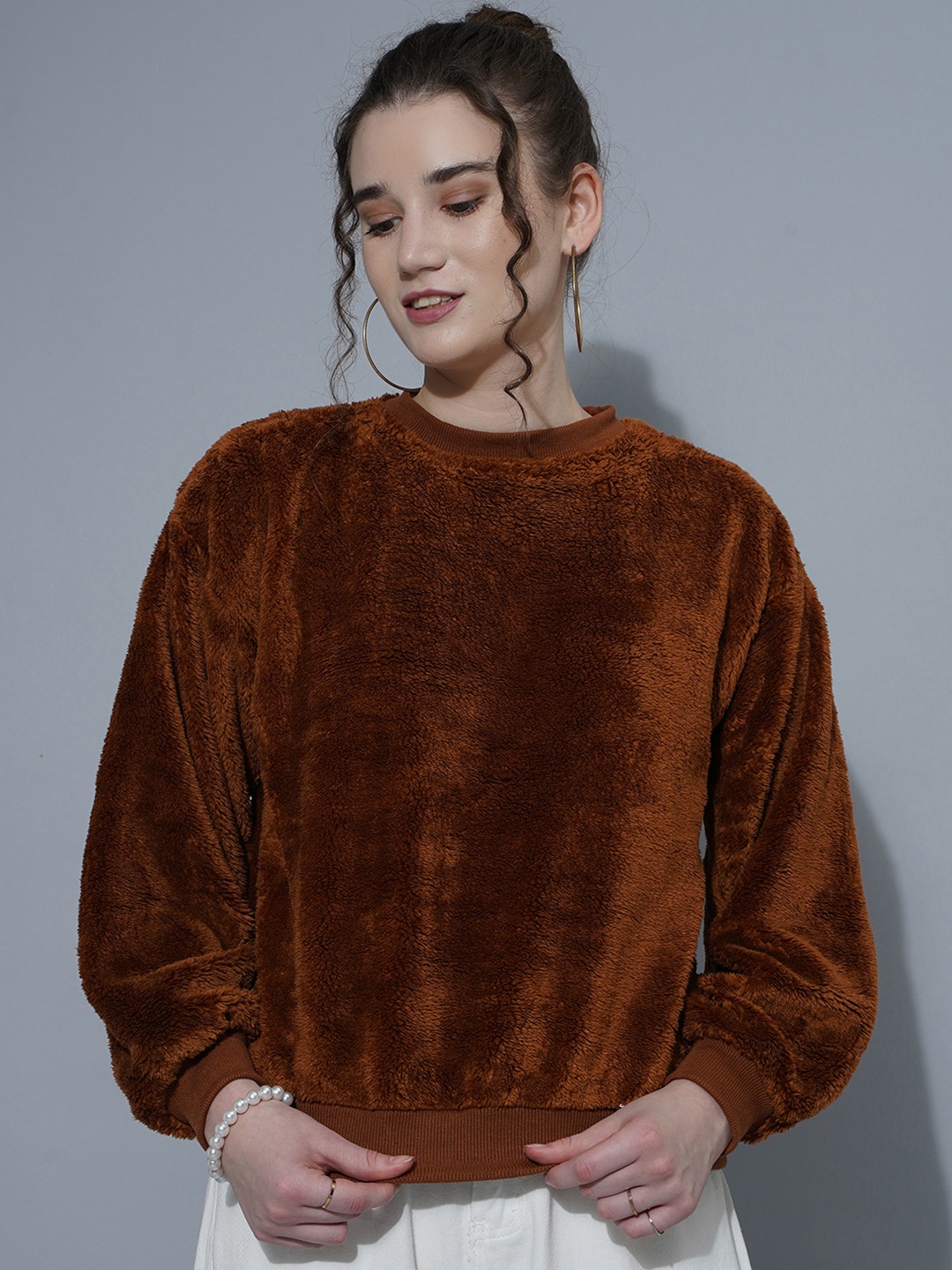 

Purple Feather Round Neck Pullover Sweatshirt, Brown