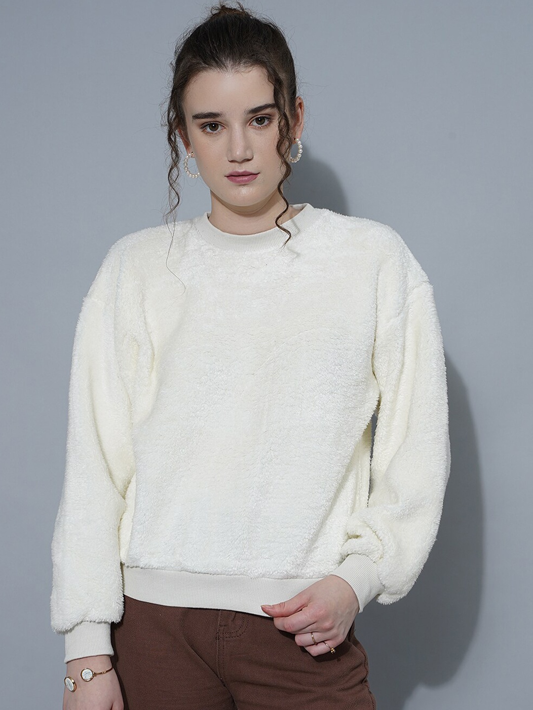 

Purple Feather Round Neck Pullover Sweatshirt, White