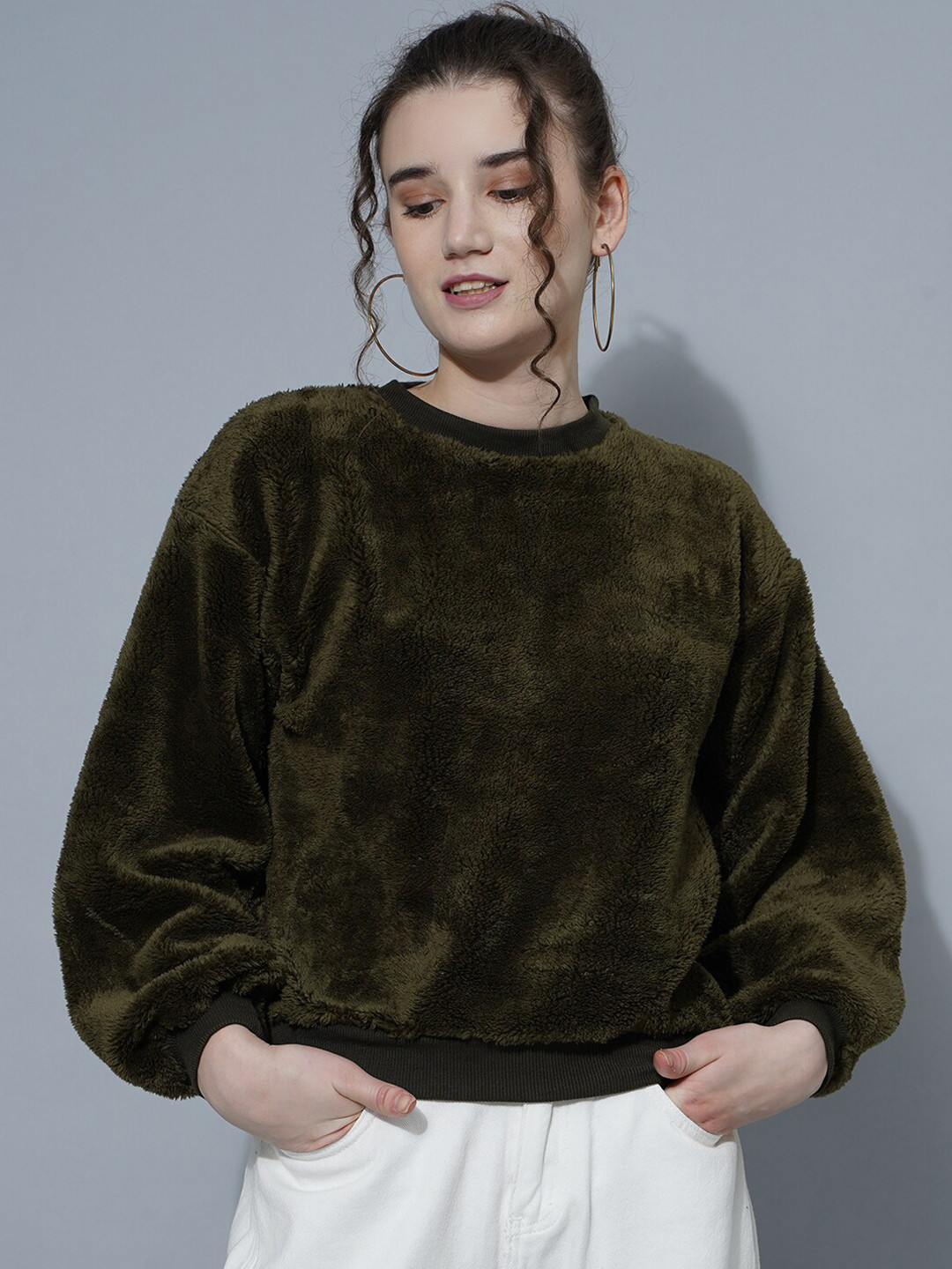 

Purple Feather Round Neck Pullover Sweatshirt, Green