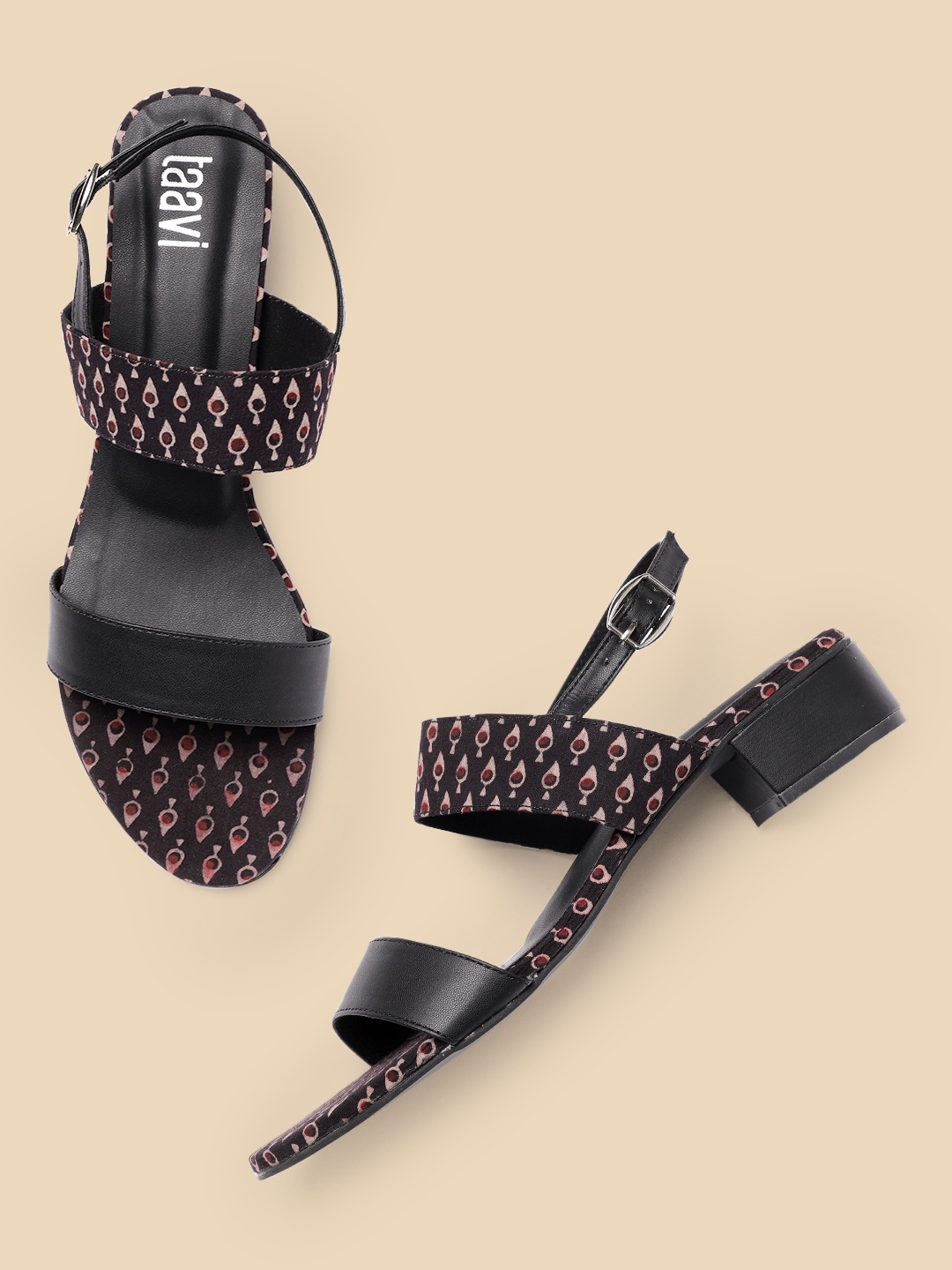 

Taavi Women Printed Ethnic Block Sandals with Buckle Detail, Black