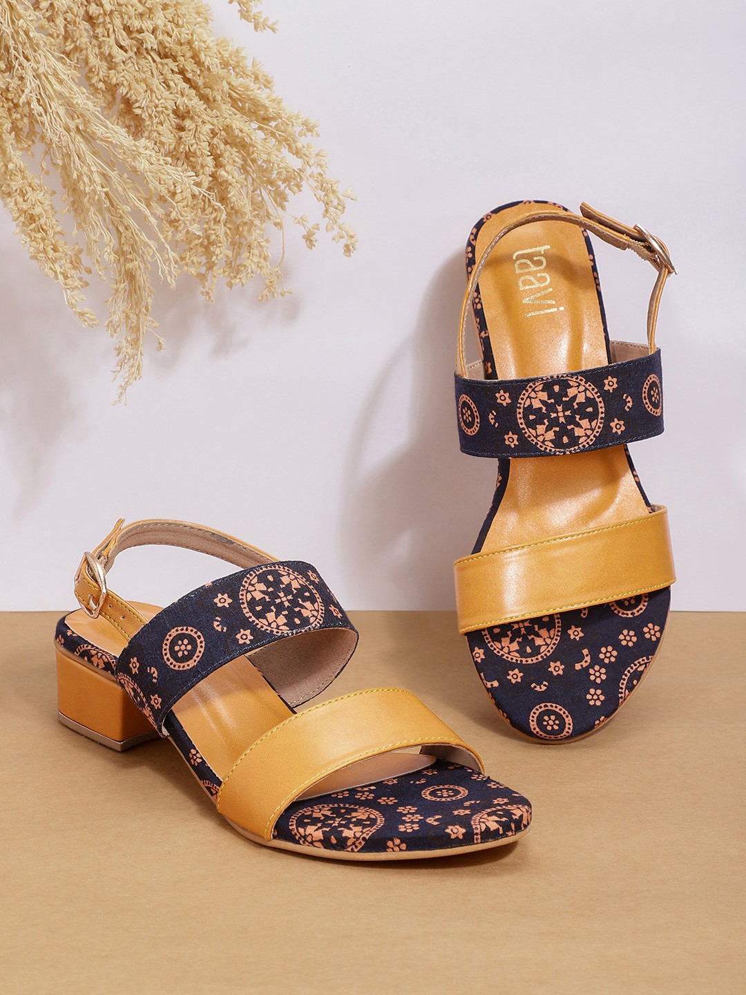 

Taavi Women Printed Ethnic Block Sandals with Buckle Detail, Mustard