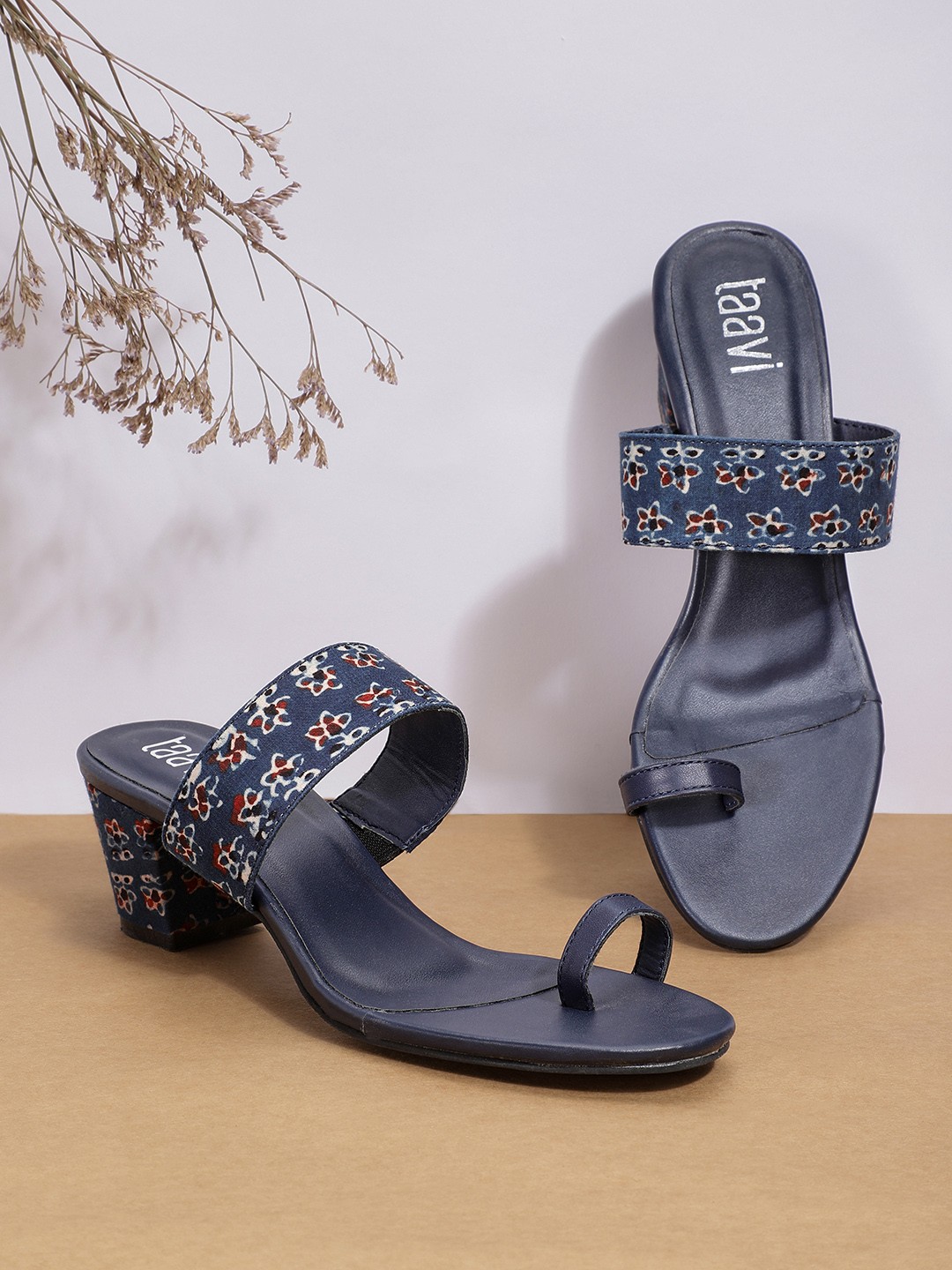 

Taavi Floral Printed Block Heels, Navy blue
