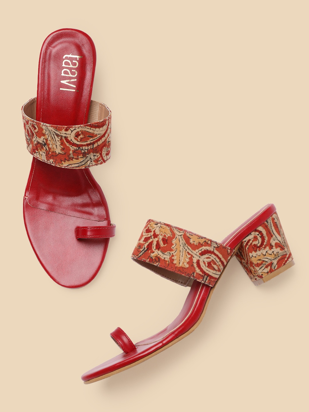 

Taavi Women Printed Ethnic Block One Toe Style Sandals, Beige