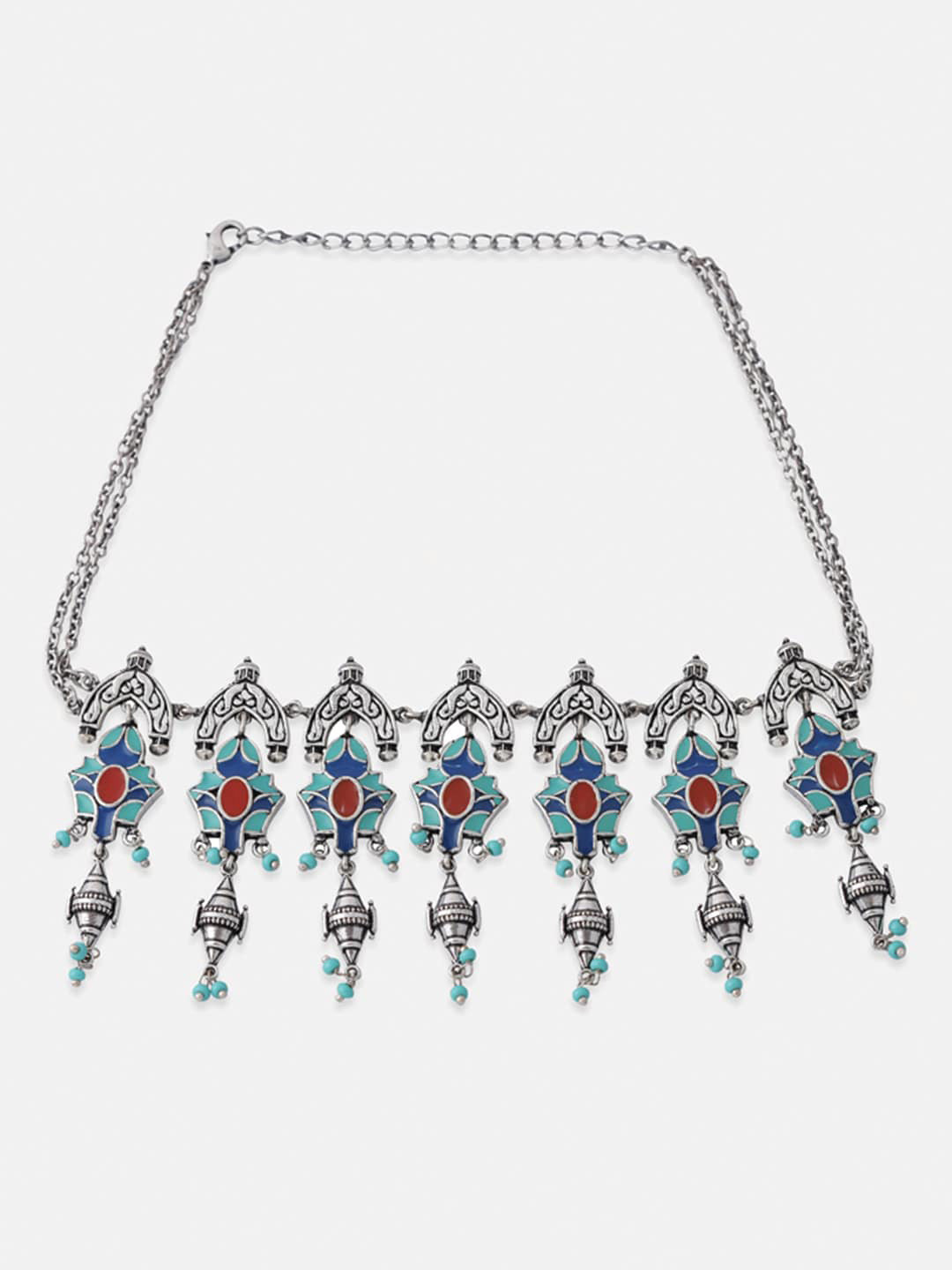 

Tipsyfly Silver-Toned & Blue Brass Silver-Plated Necklace